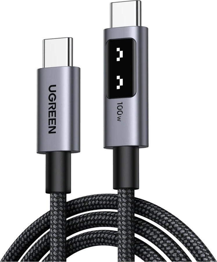 Кабель UGREEN Uno USB-C - USB-C 1м 100W PD Fast Charging L509, нейлоновая оплетка, LED-дисплей статуса зарядки, чип E-Marker, 480Мбит/с, черный