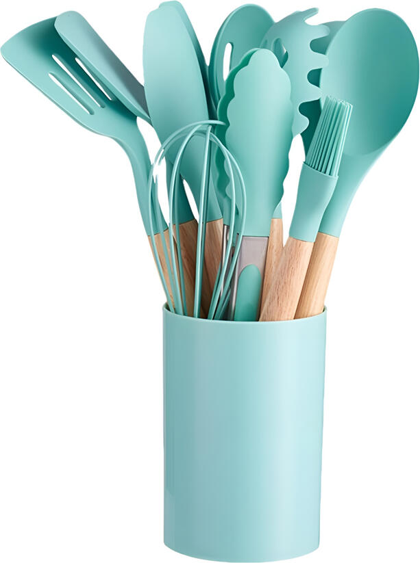 12 Piece Silicone and Wood Kitchen Utensils Set, Heat Resistant Non-Scratch Cooking Tools with Ergonomic Wooden Handles and Storage Holder