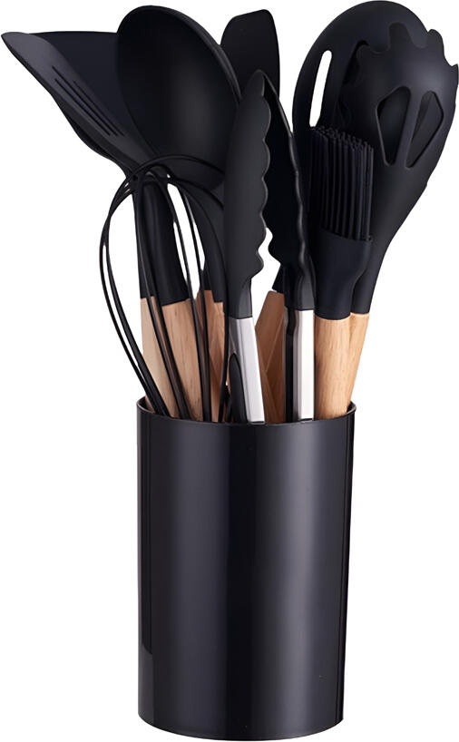 12 Piece Silicone and Wood Kitchen Utensils Set, Heat Resistant Non-Stick Cookware Safe Tools with Ergonomic Handles and Storage Holder, Black