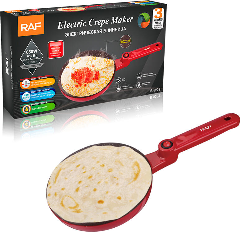 RAF R.5209R Electric Crepe Maker 650W, Non-Stick Maifanstone Ceramic Coating, Aluminum Body, Red, 420x200x50mm