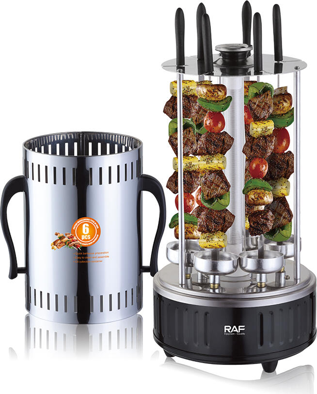RAF R.8612 Electric Vertical Rotating BBQ Grill, 1500W Smokeless Rotating Oven, Infrared Flash Heating, 6-8 Skewers, Stainless Steel, Silver/Black