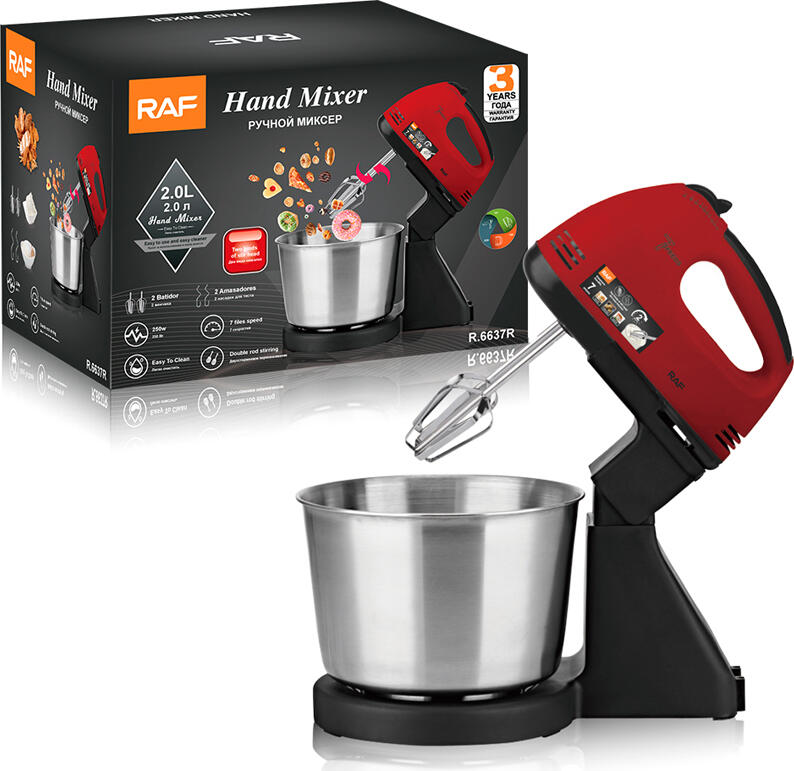 Mixer Electric de Mana si cu Stat 2-in-1 RAF R.6637, 250W, 7 Viteze, Bol Inox 2.0L, pentru Batut si Framantat, Rosu