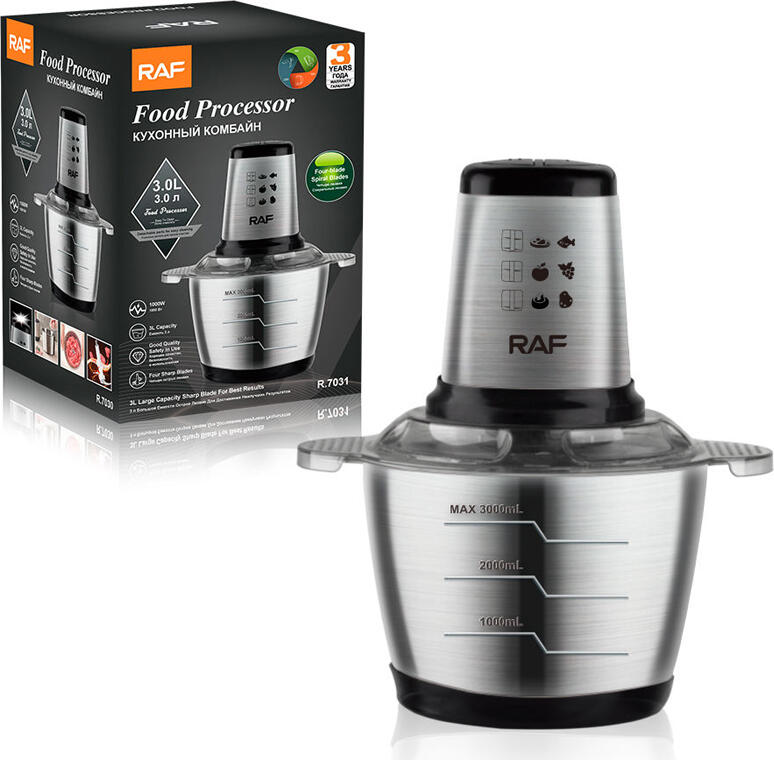 RAF R.7031 Food Processor 1000W, 3L Stainless Steel Bowl, Variable Speed Control, Pulse Function, Chopping, Slicing, Grating, Blending, Silver