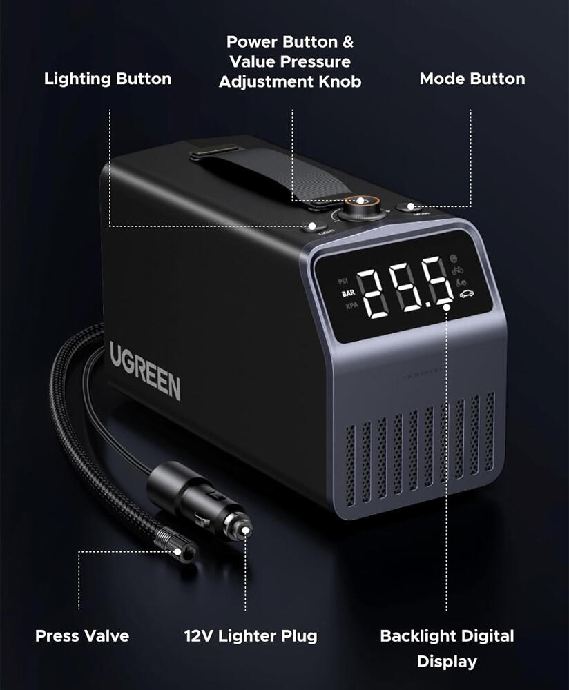 Compresor Auto Portabil UGREEN Portable Tire Inflator Pro ET723, Presiune Maxima 150 PSI, Baterie 4500mAh, 5 Moduri Predefinite, Ecran Digital, LED