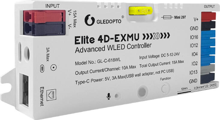 Gledopto Elite 4D-EXMU Advanced ESP32 WLED Digital LED Controller RGB/RGBW/RGBCCT with 4-output, LAN (GL-C-618WL), DC5~24V,max 15A output, max 800ICs