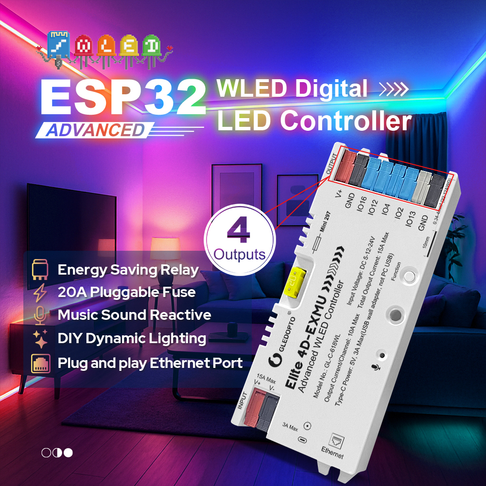Controler LED Digital Gledopto GL-C-618WL Elite 4D-EXMU WLED, ESP32, Ethernet LAN WiFi, 4 Canale 15A Max, DC 5V/12V/24V, Microfon Integrat, Alb