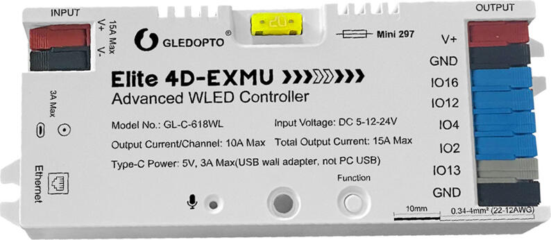 Controler LED Digital Gledopto GL-C-618WL Elite 4D-EXMU WLED, ESP32, Ethernet LAN WiFi, 4 Canale 15A Max, DC 5V/12V/24V, Microfon Integrat, Alb
