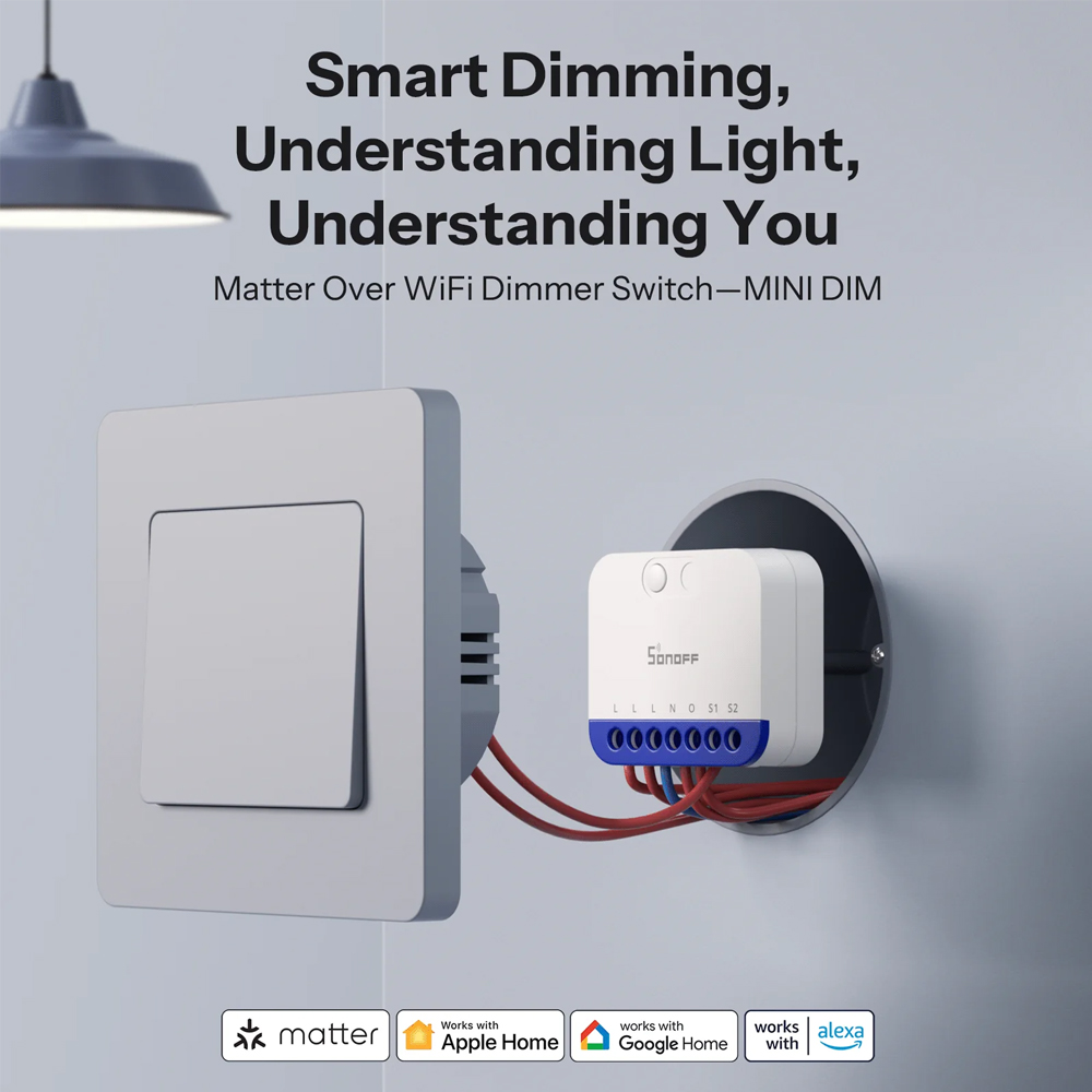 Intrerupator intel dimmer Sonoff MINI-DIM Matter peste Wi-Fi, 220-240V AC, sarcina max 2A, monitorizare consum energie, protectie supraincalzir