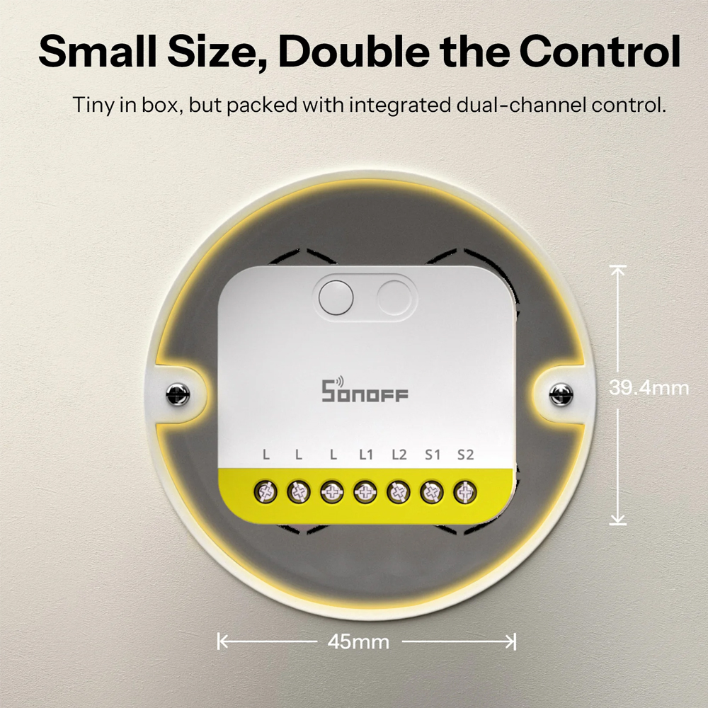 Sonoff MINI-ZB2GS-L MINI DUO-L 2-Gang Zigbee 3.0 Smart Switch, No Neutral Required, 100-240V AC, 8A per Channel, White Polycarbonate, 45x39.4x16.8mm
