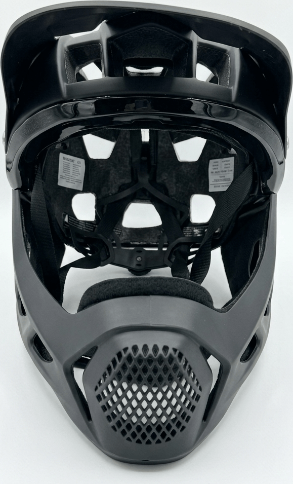 Full Face MTB Downhill Enduro Bicycle Helmet, Matte Black Aerodynamic Design with Integrated Visor and Shock-Absorbing Foam