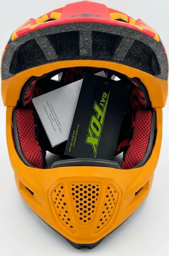 Bat Fox Flame Full Face MTB Helmet, Orange-Red Flame Graphics, Hard Shell with EPS Foam, Aerodynamic Visor and Ventilation for Downhill and BMX