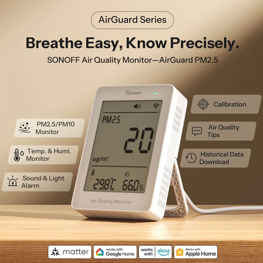 Sonoff AirGuard SAWF-07P Air Quality Monitor, Matter over Wi-Fi, PM2.5 PM10 Temperature Humidity Sensor, LCD Display, Audible Alarm, USB-C, eWeLink