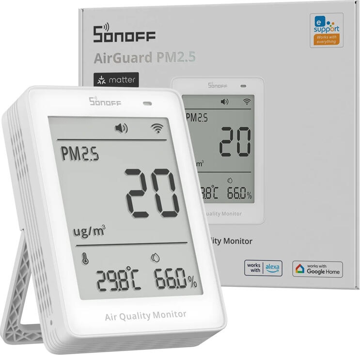 Sonoff AirGuard SAWF-07P Air Quality Monitor, Matter over Wi-Fi, PM2.5 PM10 Temperature Humidity Sensor, LCD Display, Audible Alarm, USB-C, eWeLink