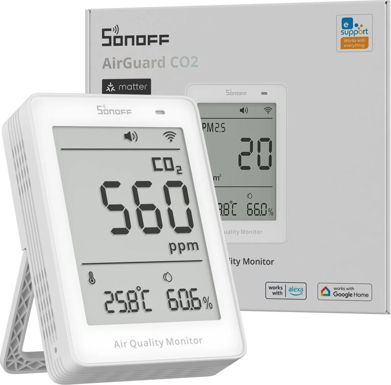 Monitor Calitate Aer Sonoff AirGuard CO2 SAWF-08P, Matter peste Wi-Fi, Senzor NDIR 400-5000ppm, Temperatura si Umiditate, Ecran LCD 3.73 inch, USB-C