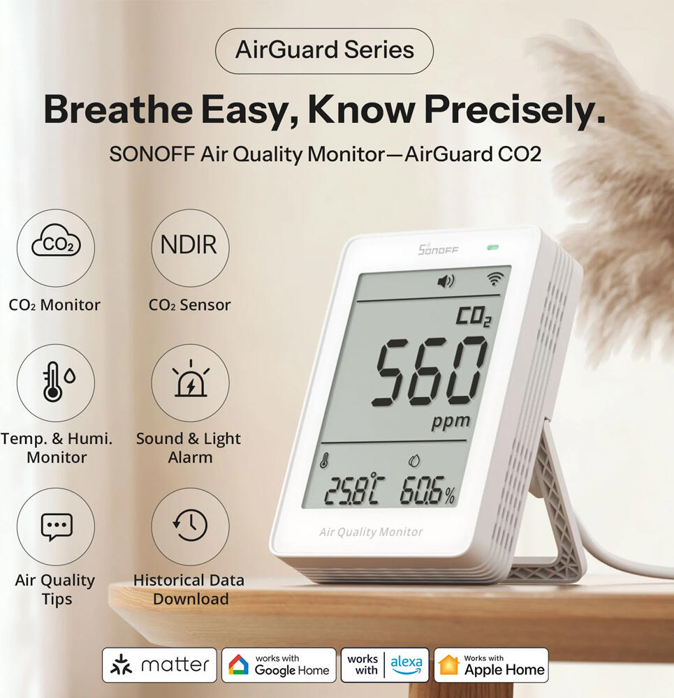 Monitor Calitate Aer Sonoff AirGuard CO2 SAWF-08P, Matter peste Wi-Fi, Senzor NDIR 400-5000ppm, Temperatura si Umiditate, Ecran LCD 3.73 inch, USB-C