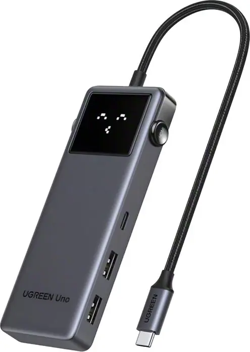 Hub USB-C UGREEN Uno CM889 7-in-1 Aluminiu, HDMI 4K@60Hz, 2x USB 3.2 Gen1, USB-C PD 100W, Cititor Card SD/TF 170MB/s, Afisaj Stare, Gri