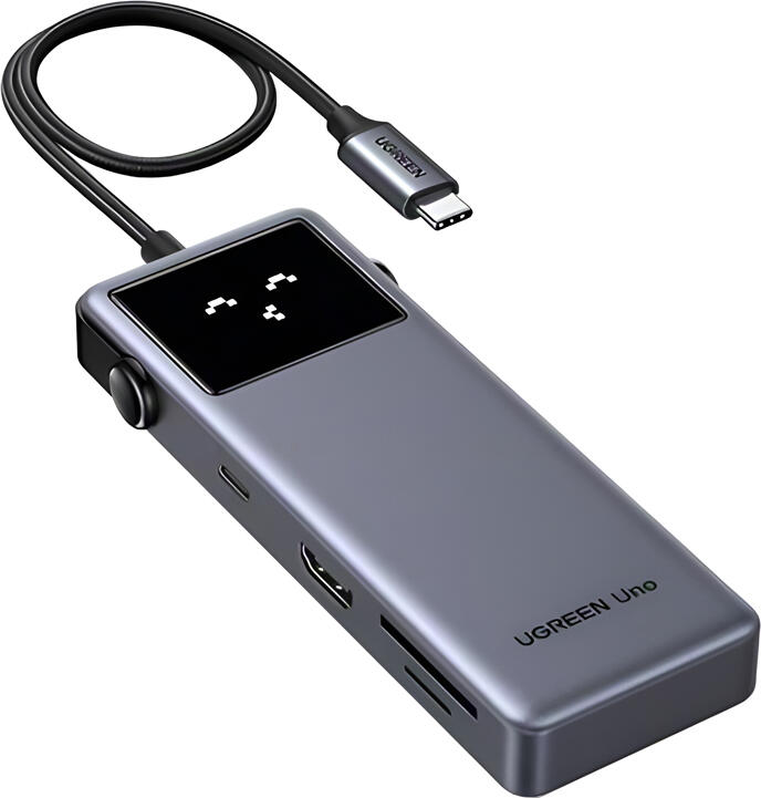 Hub USB-C UGREEN Uno CM889 7-in-1 Aluminiu, HDMI 4K@60Hz, 2x USB 3.2 Gen1, USB-C PD 100W, Cititor Card SD/TF 170MB/s, Afisaj Stare, Gri