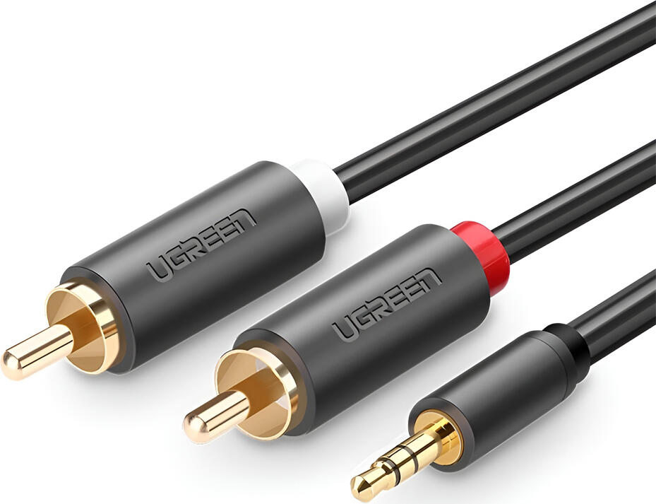 Cablu Audio UGREEN AV102 3.5mm la 2xRCA, 1.5m, Conectori Platinati cu Aur 24K, Conductor din Cupru Stanat, Mantie PVC cu Protectie la Tensiune pentru Difuzoare, TV
