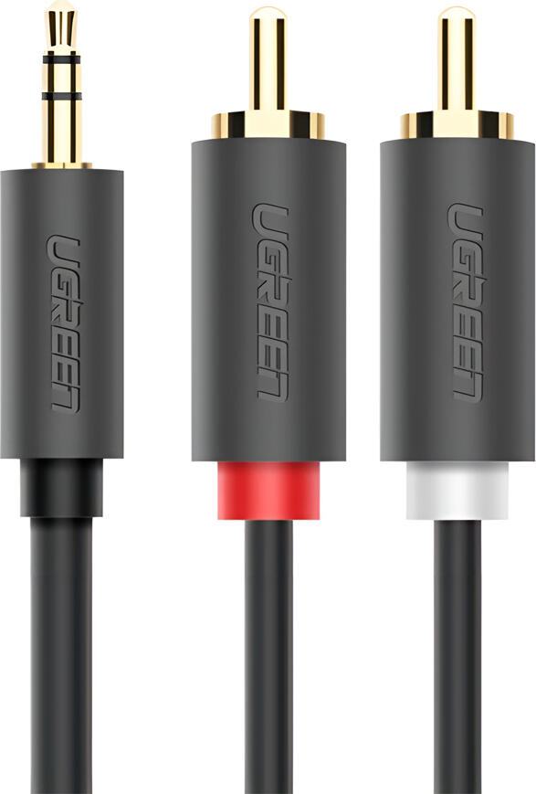 Cablu Audio UGREEN AV102 3.5mm la 2xRCA, 1.5m, Conectori Platinati cu Aur 24K, Conductor din Cupru Stanat, Mantie PVC cu Protectie la Tensiune pentru Difuzoare, TV