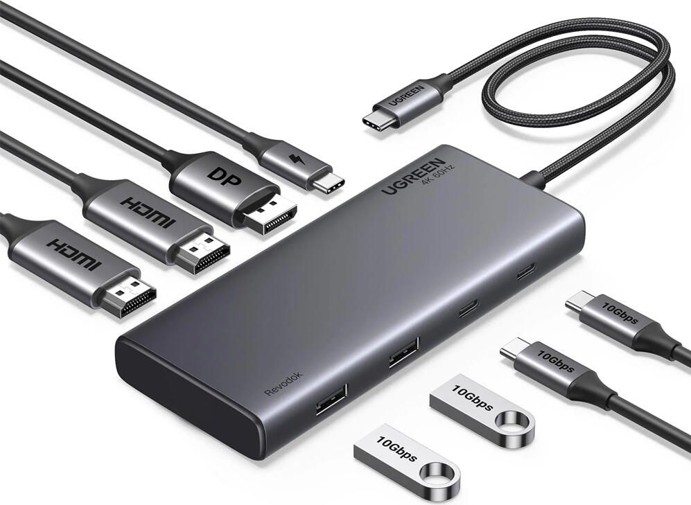 UGREEN Revodok CM639 Hub USB-C 8-in-1, Suport Triple Display 4K@60Hz (2x HDMI, 1x DP), MST pentru Windows, PD 100W, USB-A/USB-C 10Gbps, Carcasa Metalica