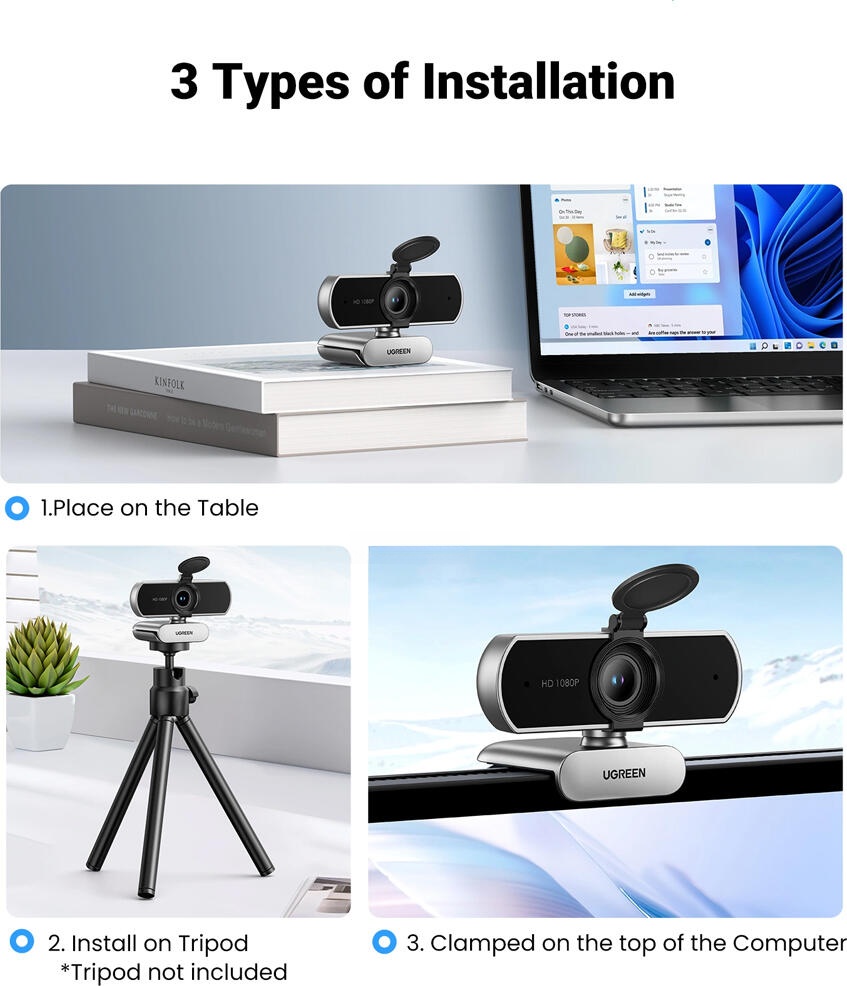 UGREEN CM678 Full HD 1080p Webcam, 30 FPS, Dual Noise Cancelling Microphones, 85 Degree View, Privacy Cover, USB-A Plug and Play for Windows macOS Linux