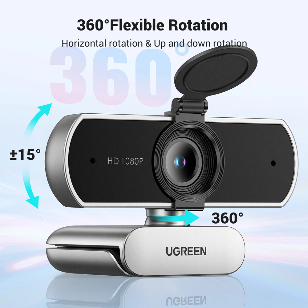 UGREEN CM678 Full HD 1080p Webcam, 30 FPS, Dual Noise Cancelling Microphones, 85 Degree View, Privacy Cover, USB-A Plug and Play for Windows macOS Linux