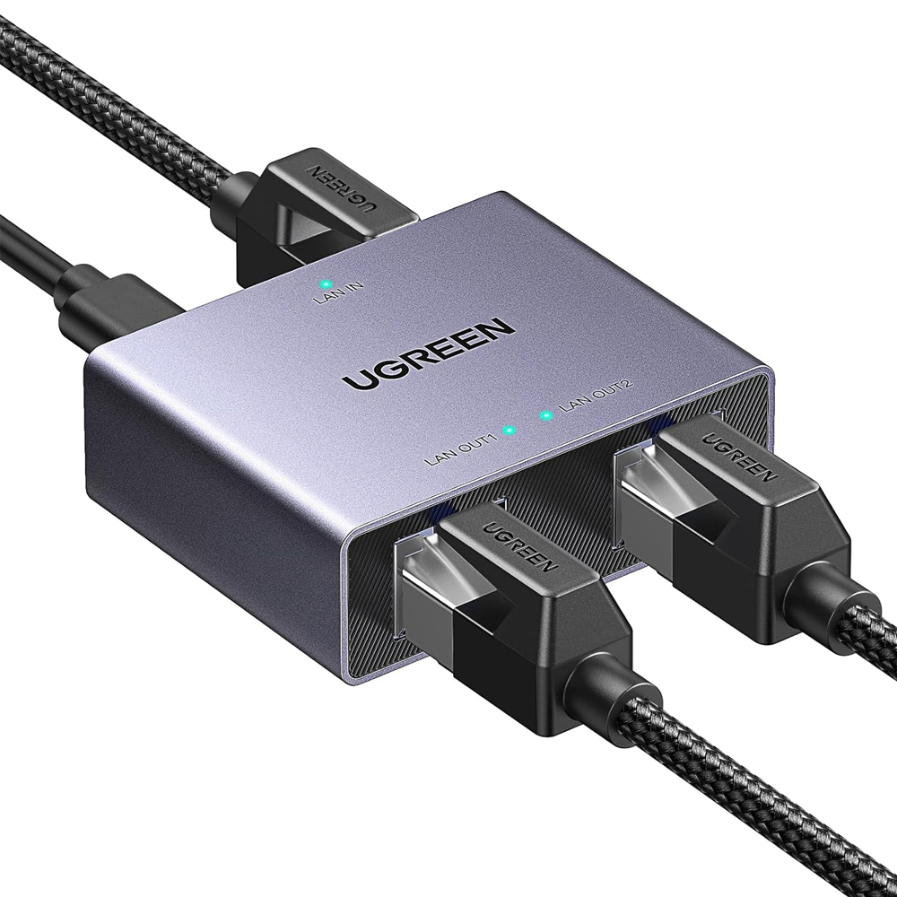 Сетевой разветвитель Gigabit Ethernet UGREEN NW301 1 в 2, RJ45 коммутатор 1000 Мбит/с, совместимый с Cat5-Cat8, алюминиевый корпус, питание USB-C