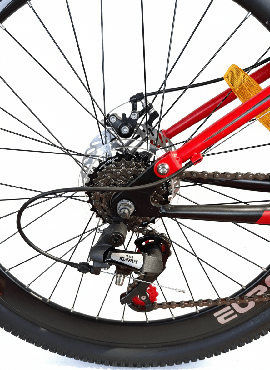 EuroBike Ultra 27.5 Mountain Bike, Steel Frame, Dual Suspension, SunRun 21-Speed 3x7 Transmission, Disc Brakes, Double-Wall Aluminum Rims, Red