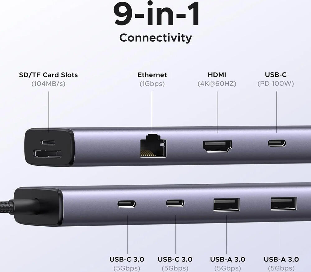 USB-C хаб UGREEN CM498 9-в-1, HDMI 4K@60Hz, Power Delivery PD 100W, Gigabit Ethernet RJ45, USB 3.0, картридеры SD/TF, алюминиевый корпус, черный