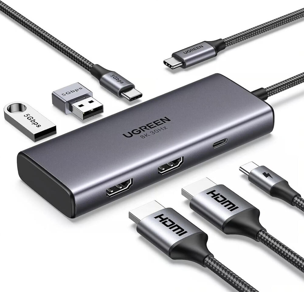 USB-C хаб UGREEN CM498 6-в-1, Dual HDMI 8K@30Гц и 4K@60Гц, зарядка PD 100Вт, 2 порта USB-A 3.0 и порт USB-C для данных, алюминиевый корпус, Space Gray