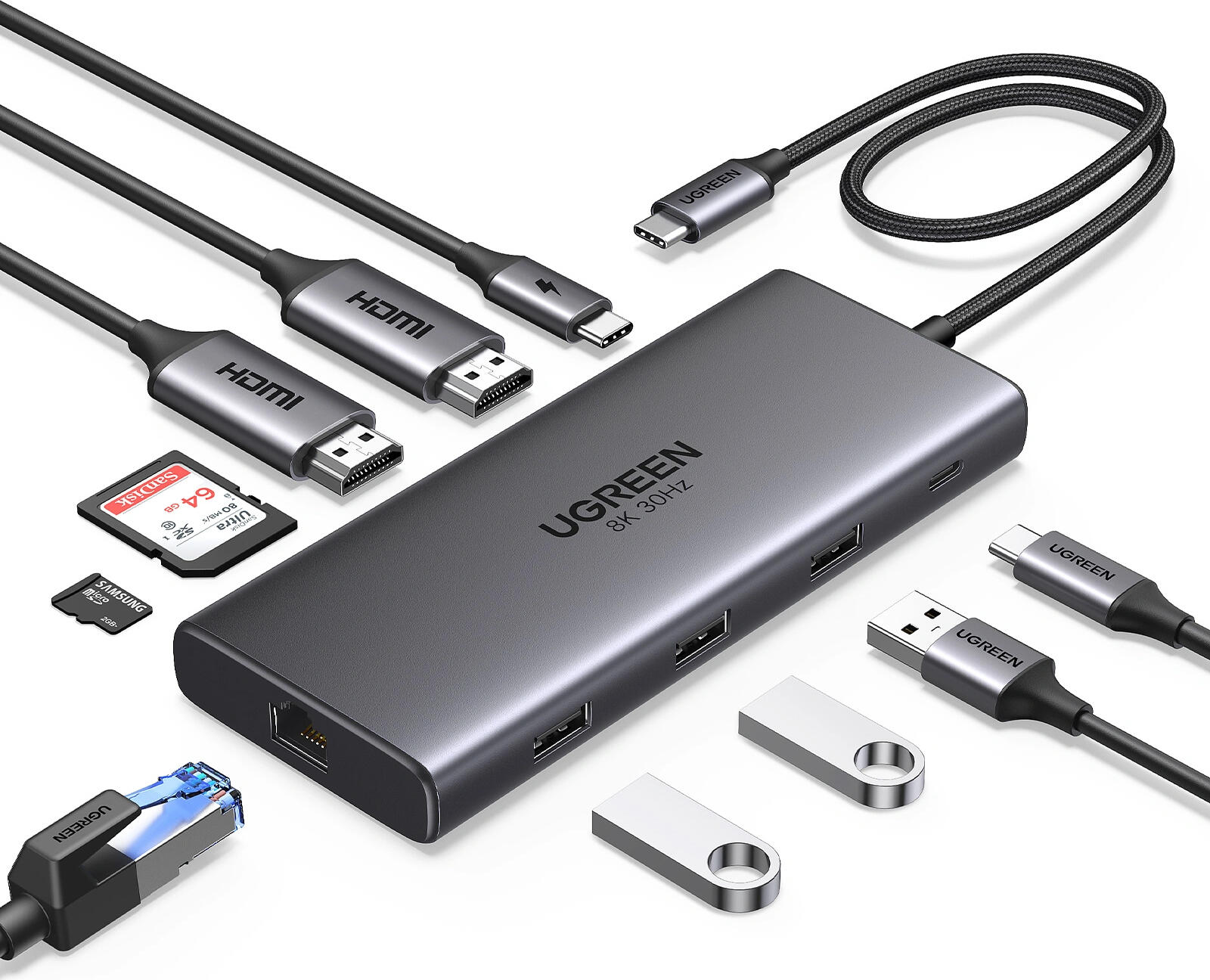 UGREEN CM639 10-in-1 USB-C Hub Aluminum, Dual HDMI 8K@30Hz/4K@60Hz, 100W PD, Gigabit Ethernet RJ45, USB 3.0, SD/TF Card Readers for Windows and macOS