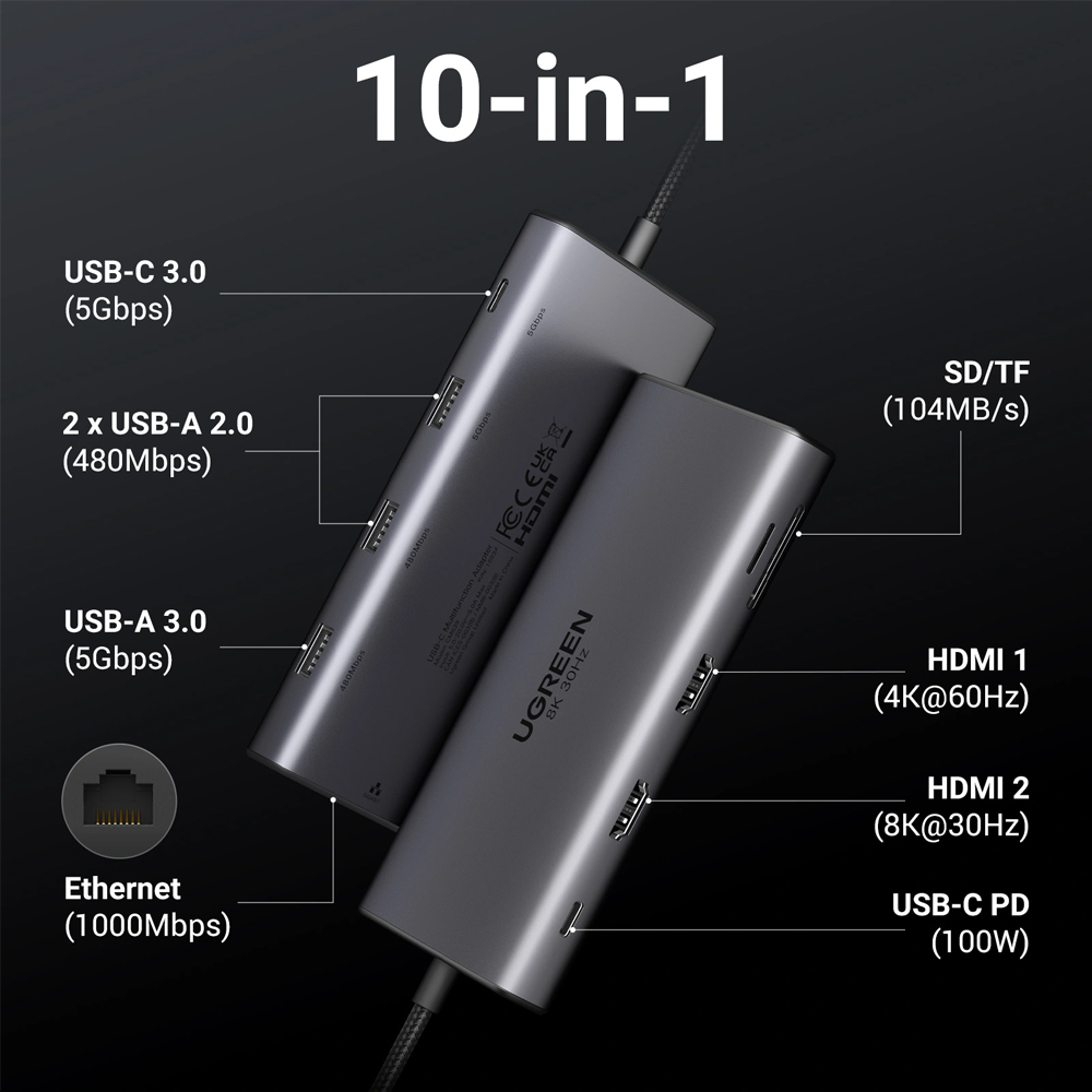 UGREEN CM639 10-in-1 USB-C Hub Aluminum, Dual HDMI 8K@30Hz/4K@60Hz, 100W PD, Gigabit Ethernet RJ45, USB 3.0, SD/TF Card Readers for Windows and macOS
