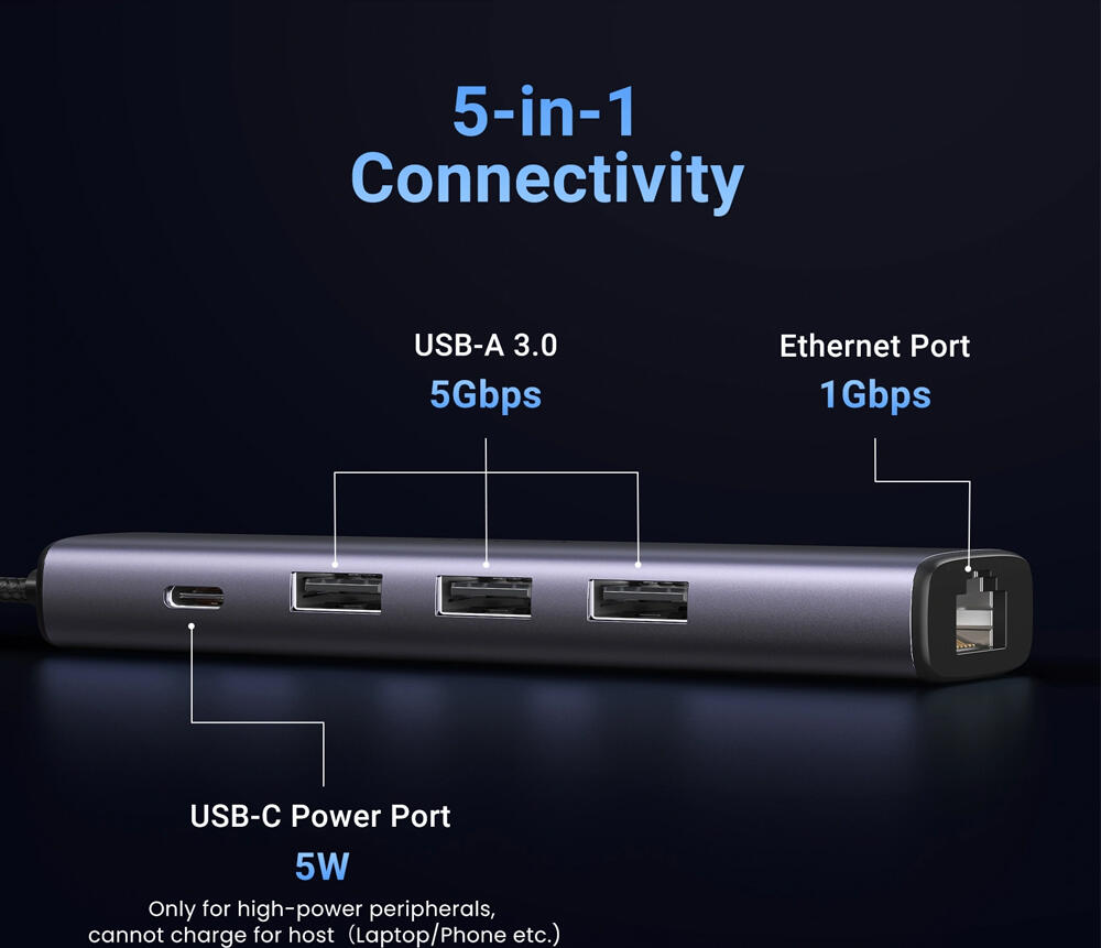 USB-хаб UGREEN CM475 5-в-1 USB-A, 3 порта USB 3.0 5Гбит/с, Gigabit Ethernet RJ45 1000Мбит/с, порт питания USB-C, алюминиевый корпус, кабель в оплетке, серый