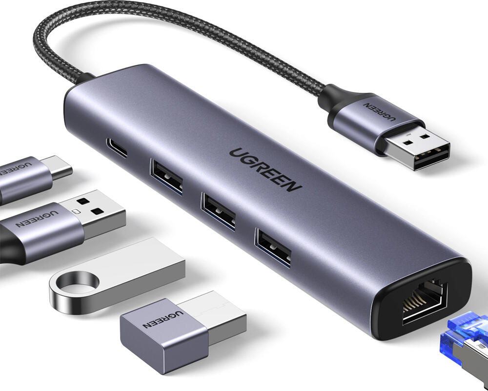 USB-хаб UGREEN CM475 5-в-1 USB-A, 3 порта USB 3.0 5Гбит/с, Gigabit Ethernet RJ45 1000Мбит/с, порт питания USB-C, алюминиевый корпус, кабель в оплетке, серый