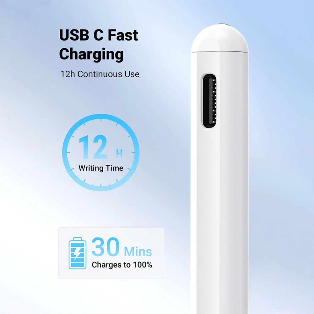 Stylus Inteligent UGREEN 90915 pentru iPad 2018-2022, Palm Rejection, Sensibilitate la Înclinare, Atasare Magnetica, Incarcare Rapida USB-C, Alb