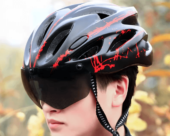 Bicycle Helmet with Integrated Tinted Eye Protection Visor, UV Dust Wind Insect Shield, Impact-Absorbing Material, Adjustable Fit, Black Red