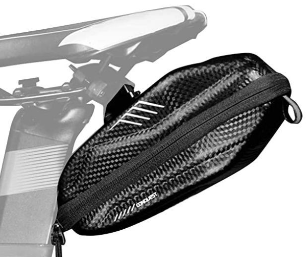 Conquest Bicycle Saddle Bag, Water-Resistant Seat Post Mount Pouch, Carbon Fiber Pattern, Zippered Main Compartment and External Pockets, Black