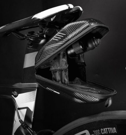 Conquest Bicycle Saddle Bag, Water-Resistant Seat Post Mount Pouch, Carbon Fiber Pattern, Zippered Main Compartment and External Pockets, Black