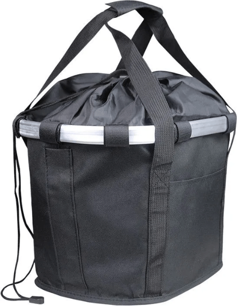 Water-Resistant Fabric Bicycle Handlebar Basket with Metal Frame, Drawstring Closure and Side Pocket, Black
