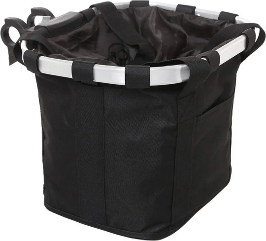 Water-Resistant Fabric Bicycle Handlebar Basket with Metal Frame, Drawstring Closure and Side Pocket, Black