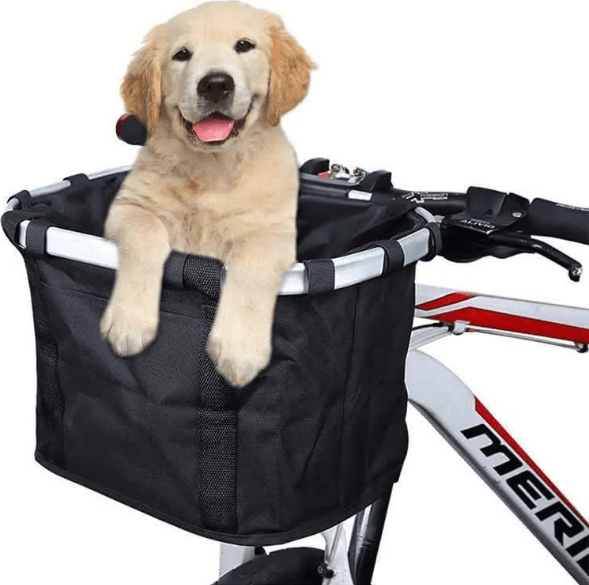 Water-Resistant Fabric Bicycle Handlebar Basket with Metal Frame, Drawstring Closure and Side Pocket, Black