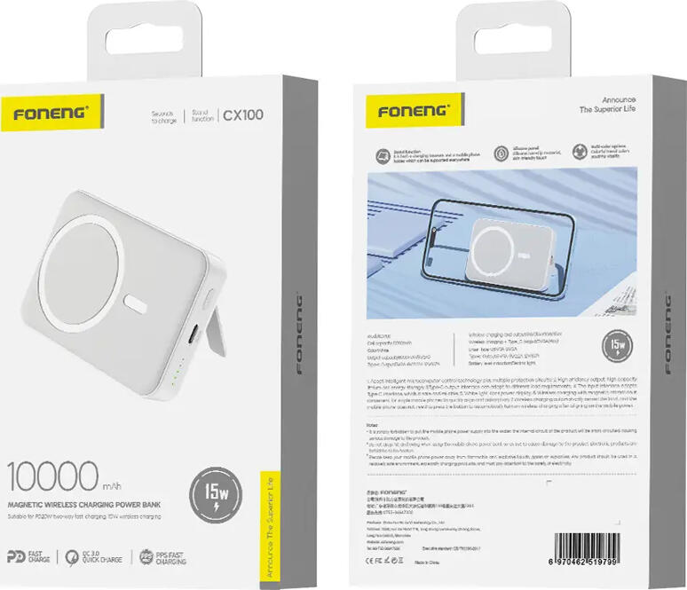 Foneng CX100 Magnetic Wireless Power Bank 10000mAh, 20W PD Fast Charging Type-C, 15W Wireless Output, Foldable Kickstand, Qi Compatible