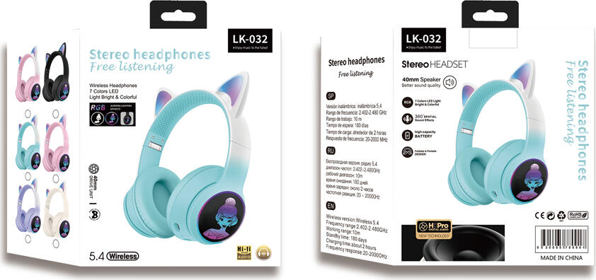 Musen LK-032 Wireless Bluetooth 5.4 On-Ear Headphones for Kids, Pink, Hi-Fi Audio, 40mm Drivers, Integrated Mic, 7-Color LED Cat Ear Lighting, USB Charging