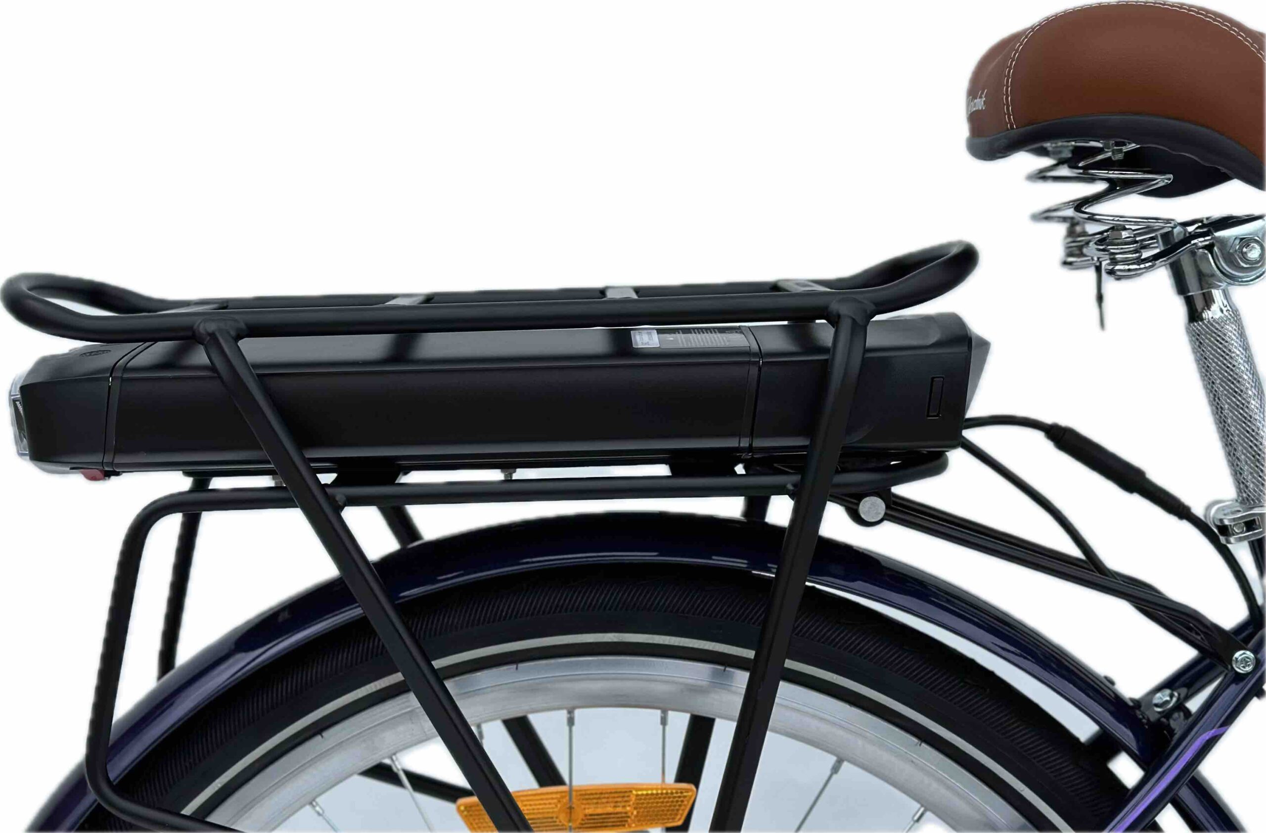 Bicicleta Electrica de Oraș Aquamarine, Motor 350W, Baterie Li-ion 36V 12.5Ah, Roți de 26 Inch, Frâne cu Disc, Componente Shimano, Cadru Oțel, Violet