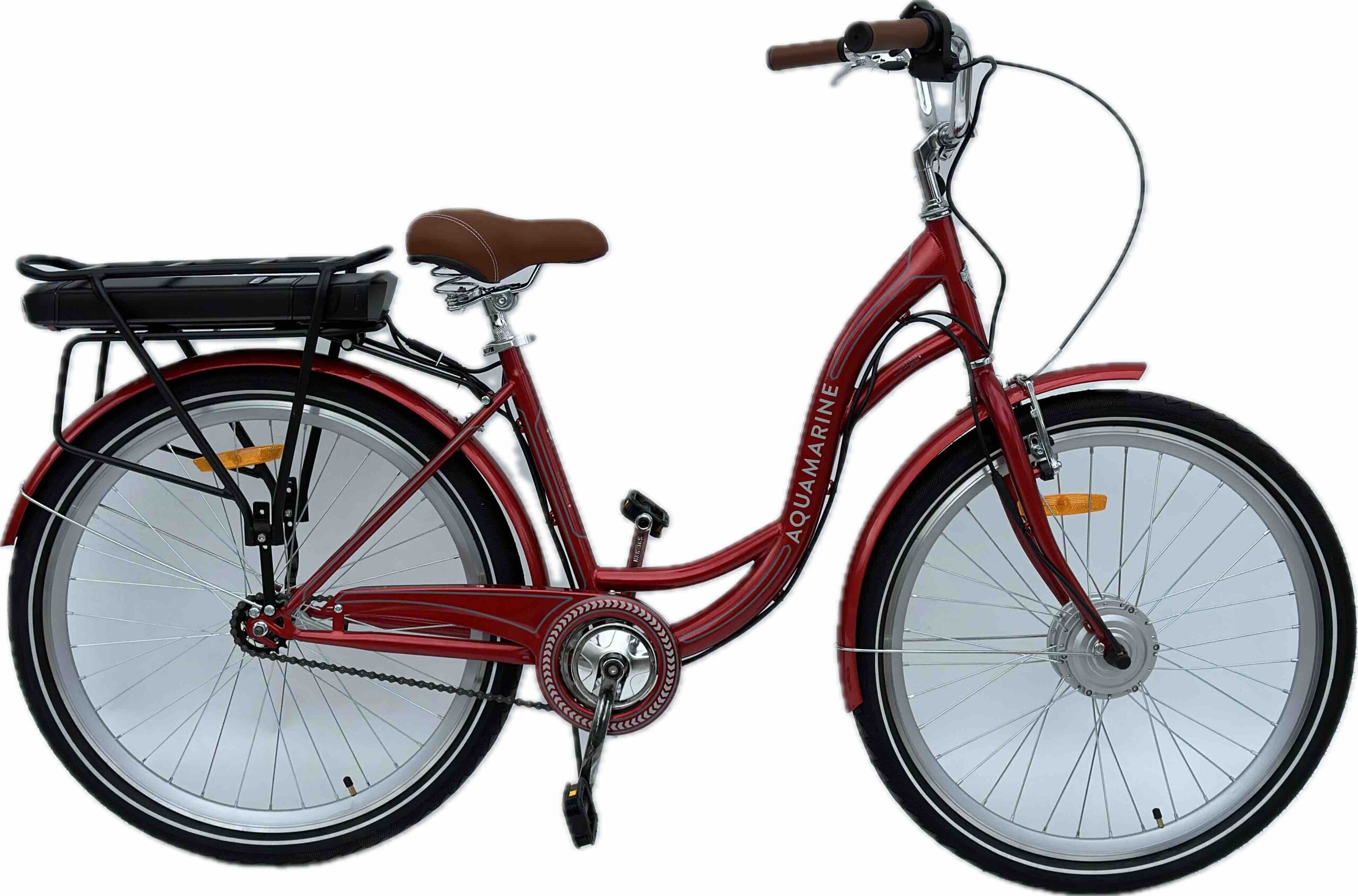 Bicicleta Electrica de Oraș Aquamarine, Motor 350W, Baterie Li-ion 36V 12.5Ah, Roți de 26 Inch, Frâne cu Disc, Componente Shimano, Cadru Oțel, Violet
