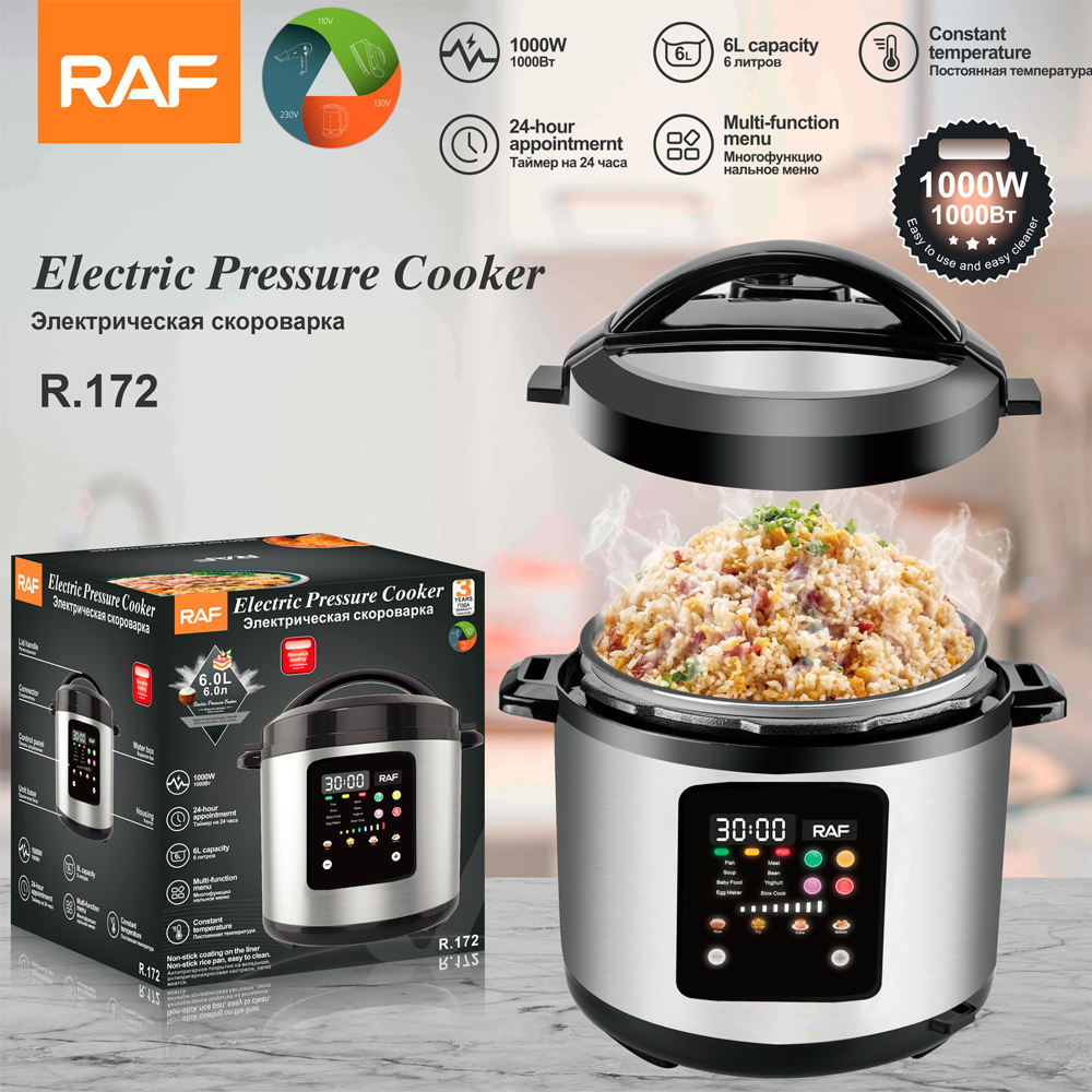 Multicooker Raf R.172 Olla sub Presiune Electrica, Capacitate 6L, 1000W, Otel Inoxidabil, Vas Aluminiu Antiaderent, Display LED Digital, Timer 24h