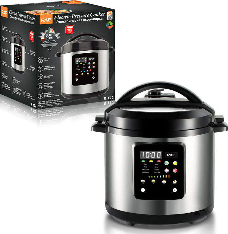 Multicooker Raf R.172 Olla sub Presiune Electrica, Capacitate 6L, 1000W, Otel Inoxidabil, Vas Aluminiu Antiaderent, Display LED Digital, Timer 24h