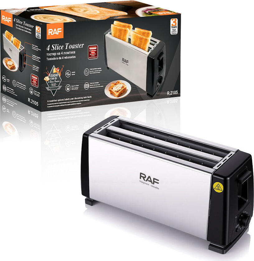Raf R.2105 4-Slice Toaster, 1300W, Stainless Steel, Long Slots, Adjustable Browning Control, Removable Crumb Tray, Silver