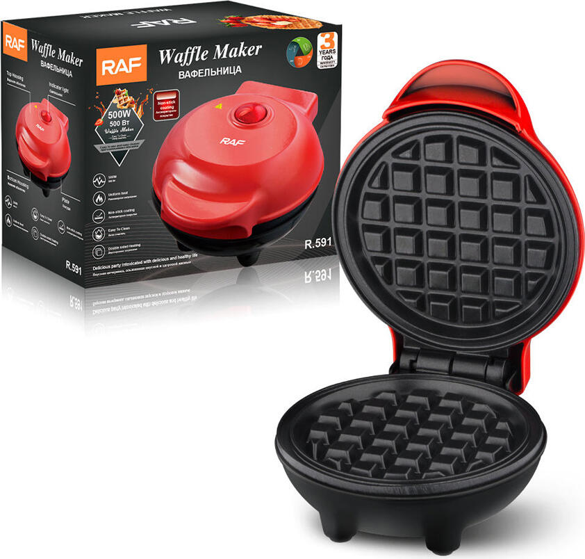 Aparat de gofre RAF R.591, 500W Stil Belgian, Grill pentru Gofre si Panini, Plate Antiaderente, Incalzire Dubla, Carcasa din Otel Inoxidabil, Rosu