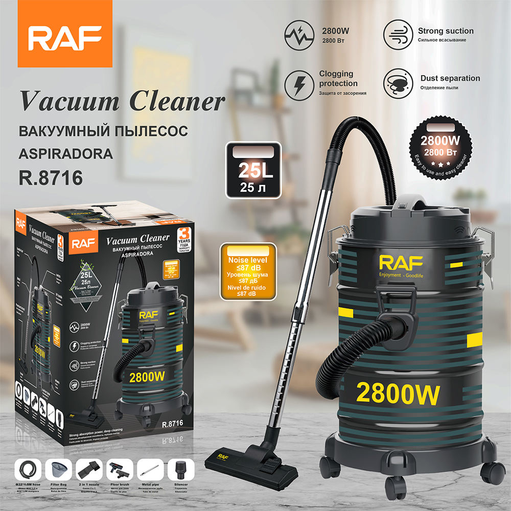 Aspirator Industrial Raf R.8716 2800W, Rezervor 25L, Aspiratie Umed, Actiune Ciclonica, Sistem Separare Praful, Plastic si Fier, Negru